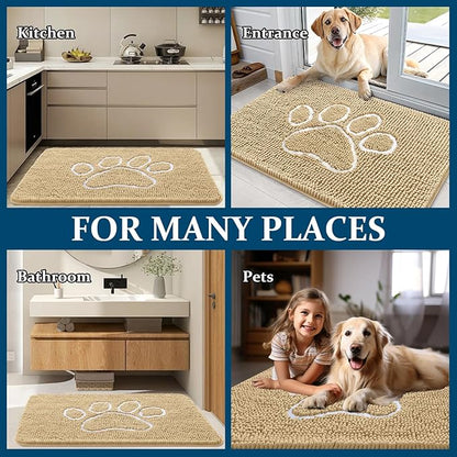 OLANLY Dog Door Mat for Muddy Paws 70x24, Paw Print Design, Absorbs Moisture and Dirt, Absorbent Non-Slip Washable Doormat, Quick Dry Chenille Mud Mat for Dogs, Entry Indoor Entryway Carpet, Beige