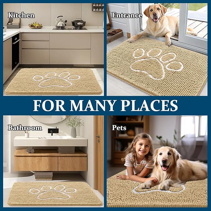 OLANLY Dog Door Mat for Muddy Paws 54x32, Paw Print Design, Absorbs Moisture and Dirt, Absorbent Non-Slip Washable Doormat, Quick Dry Chenille Mud Mat for Dogs, Entry Indoor Entryway Carpet, Beige