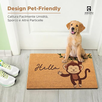 Monkey - 17"x29" - Coir Door Mat with Heavy Duty Backing - Welcome Mats for Entryway, Porch - Anti-Slip PVC & Coconut Fiber Surface - Natural Home Accessories, Minimalist Original Design