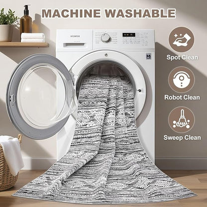 Nakagishi Area Rug Living Room Rugs: 7X9 Machine Washable Boho Large Neutral Farmhouse Stain Resistant Moroccan Indoor Floor Carpet for Bedroom Nursery Dorm Dining Room Home-White Black