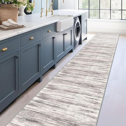 KOZYFLY Modern Abstract Washable Long Runner Rug 2.6x18 Hallway Rug Runner Non-Slip Soft Stair Runner Rugs, Grey/Light Beige/Brown Striped Carpet for Kitchen Entryway Bathroom