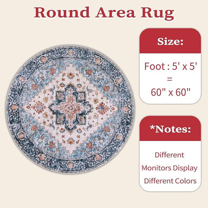 SERISSA Boho Round Area Rug, 5ft Washable Non-Slip Circle Rug, Ultra Soft Oriental Vintage Blue Orange Low-Pile Circular Carpet for Bedroom Entryway Kids Room Office College Dorm Living Room