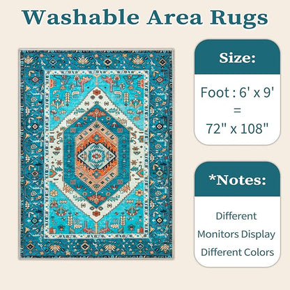 SERISSA 6x9 Area Rugs for Living Room, Large Washable Non-Slip Boho Rug, Ultra Soft Vintage Blue Oriental Tribal Print Distressed Carpet for Dining Room Bedroom Dorm Office Home Decor