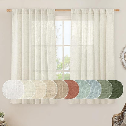 LAMIT Natural Linen Semi Sheer Curtains 48 Inch for Bedroom, Light Filtering Neutral Window Curtains Farmhouse Boho Back Tab and Rod Pocket Panels, Natural Cream Ivory, 2 Panels, 52 x 48 Inch