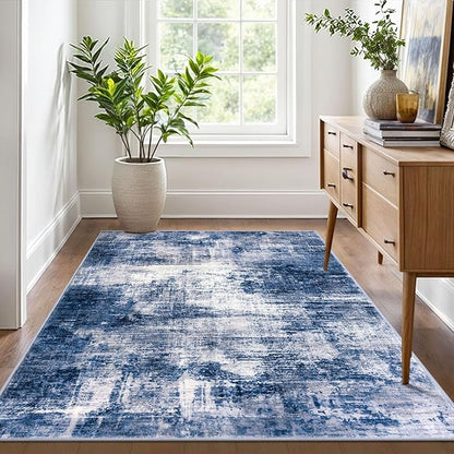IOHOUZE Abstract Area Rug 4x6 Ft Washable Rugs for Entryway Indoor, Non Slip Small Living Room Rugs Printed Faux Wool Throw Rug, Floor Carpet for Kitchen Nursery Playroom, Navy/Grey