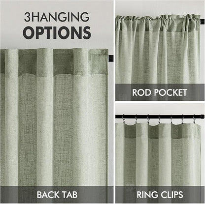 MIULEE Sage Linen Curtains 72 Inch Length 2 Panels for Bedroom Living Room,Green Soft Thick Linen Textured Window Drapes Semi Sheer Light Filtering Back Tab Rod Pocket Burlap Look Decor