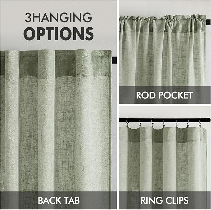 MIULEE Sage Linen Curtains 63 Inch Length 2 Panels for Bedroom Living Room,Green Soft Thick Linen Textured Kitchen Window Drapes Semi Sheer Light Filtering Back Tab Rod Pocket Burlap Look Decor