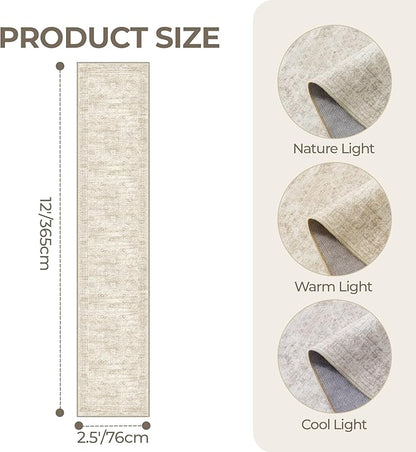 Washable Runner Rug 2.5x12, Non-Slip Long Bathroom Rugs Runner for Kitchen, Living Room, Bedroom, Soft Vintage Washable Rug for Entryway, Thin Floor Mat for Dining Room(2.5'x12', Beige/Ivory)
