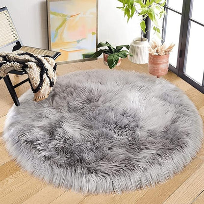 ORINOVA Silver Grey Shag Faux Sheepskin Fuzzy Fur Rugs for Bedroom Circle Plush Washable Furry Fur Area Rugs for Living Room Nursery 4ft X 4ft Rug