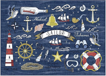 OPPODREAM Nautical Soft Area Rugs 5x7, Washable Dark Blue Rug with Non Slip Backing, 5 x 7 Faux Cashmere Low-Pile 5x7 Carpet