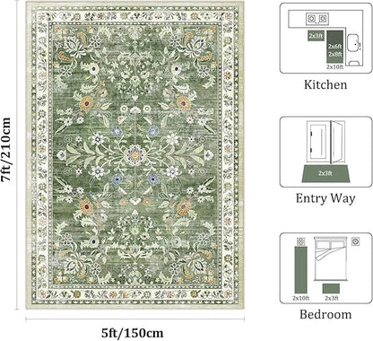 Yamaziot Washable Area Rug 5x7 – Non-Slip Boho Floral Living Room Rug with Rubber Backing, Low Pile Distressed Carpet for Bedroom, Living Room, Dining Room, Green