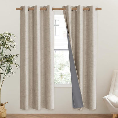 NICETOWN Oatmeal Vintage Open Linen Weave Flax Thermal Curtains, 100% Blackout Curtains 72" Long for Dining Room, Soundproof Window Treatment Drapes for Gym Room, 42" Wide Per Panel, Set of 2