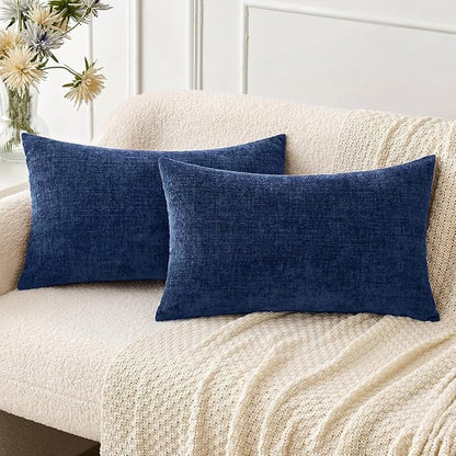 MIULEE Pack of 2 Couch Throw Pillow Covers 12x20 Inch Spring Soft Navy Chenille Lumbar Pillow Covers for Sofa Living Room Solid Dyed Cases
