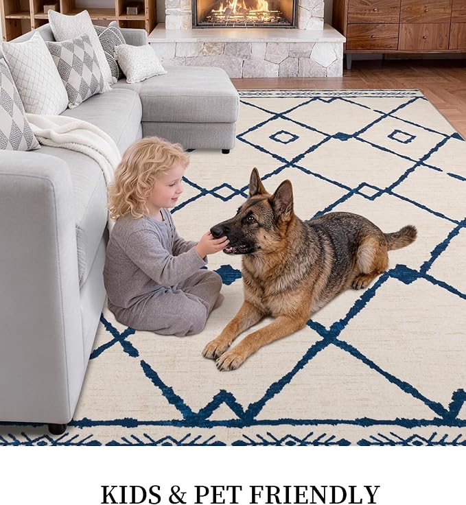 YIHOUSE Boho 5x7 Area Rugs for Living Room, Western Beige and Blue Rug, Moroccan Geometric Soft Low-Pile Washable Rugs for Bedroom, Dining Room