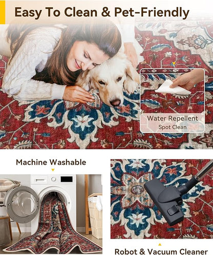 RELEANY Area Rugs 8'x10' Washable Non-Slip, Floral Vintage Distress Print Pattern Medallion Carpet for Living Room Bedroom Dining Room, Red Blue