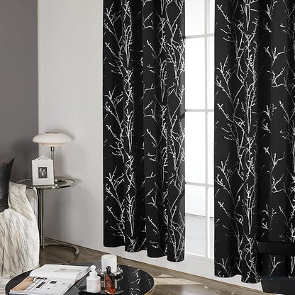 Deconovo Black Blackout Curtains, Thermal Insulated Soundproof Privacy Curtain Drapes, Branch Foil Print, 52 x 63 Inch Long, 2 Panels, Machine‑Washable Window Panel for Bedroom Living Room Office Home