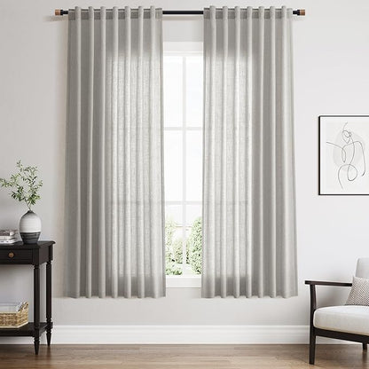 Nanspring Light Gray Linen Curtains 63 Inch Length for Living Room Back Tab and Rod Pocket Semi Sheer Curtain Simple Modern Coastal Room Decor Light Filtering Grey Drapes for Bedroom 52x63, 2 Panels