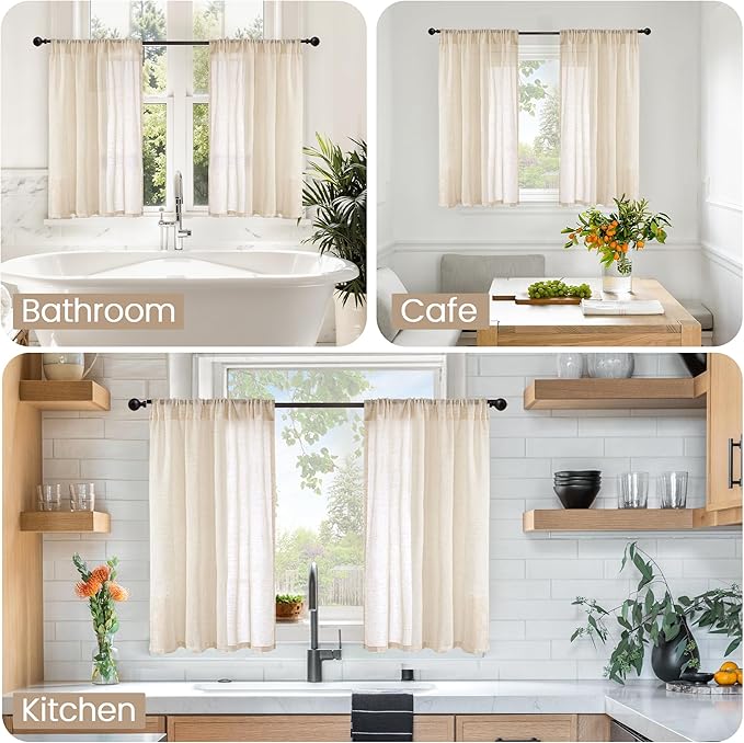 BGment Short Natural Linen Curtains 36 Inch Length for Windows, Small Sheer Drapes Lightweight Rustic Textured for Bathroom Over Sink Cafe Decor Rod Pocket, 2 Panels Set, 24 Inch Wide