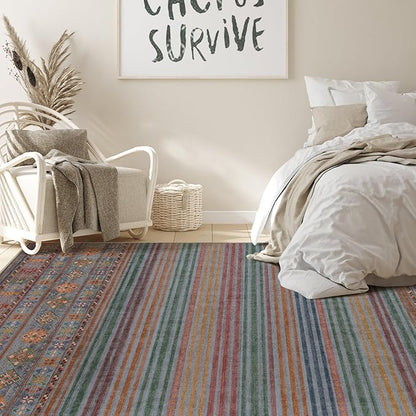 Nakagishi 8X10 Area Rugs Living Room: Washable Large Vintage Rug Neutral Non-Slip Soft Stain Resistant Indoor Carpet for Bedroom Nursery Dining Room Office Playroom - Multi Color