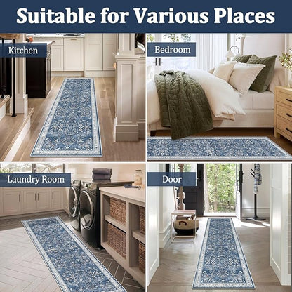 Yamaziot Washable Runner Rug 2x8 – Non Slip Boho Floral Hallway Runner Rug with Rubber Backing, Low Pile Wool Distressed Carpet for Kitchen, Laundry, Bedroom, Entrance, Blue