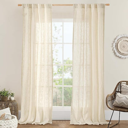 LAMIT Beige Linen Curtains for Living Room 84 inch Length, Light Filtering Semi Sheer Panels Back Tab and Rod Pocket Neutral Drapes for Bedroom, 2 Panels, 34 x 84 Inch