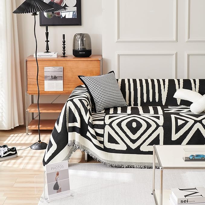 HANDONTIME Boho Sofa Covers for Dogs Black Couch Sofa Covers for 3 Cushion Couch Sofa Beige Chenille Sofa Slipcover Washable Sectional l Shaped Covers Pets Protector Furniture Covers, 91" X134"