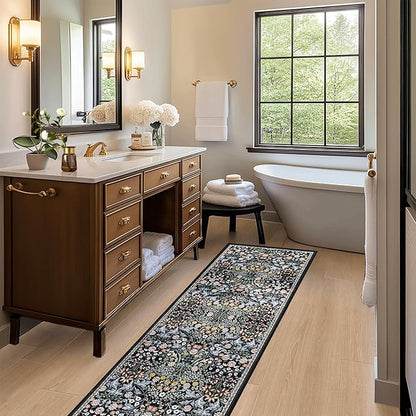 Runner Rug for Entryway: 2.6x8 Kitchen Rugs Non Slip Washable Ultra-Thin Soft Floral Carpet Indoor Stain Resistant Carpets for Hallway Bedroom Kitchen Laundry Bathroom Dorm Dark Black