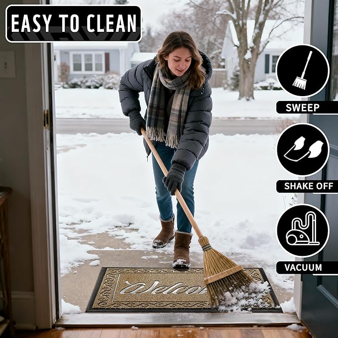 Yimobra Welcome Mat, Heavy Duty Sturdy Door Mats for Home Entrance Outdoor Indoor, Front Doormat for Outside Patio Floor Entry Porch Garage Office, Waterproof, Low Profile, 47 x 24, Beige Brown