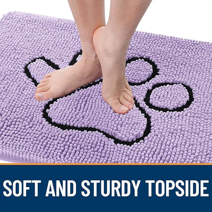 OLANLY Dog Door Mat for Muddy Paws 30x20, Paw Print Design, Absorbs Moisture and Dirt, Absorbent Non-Slip Washable Doormat, Quick Dry Chenille Mud Mat for Dogs, Entry Indoor Entryway Carpet, Lavender