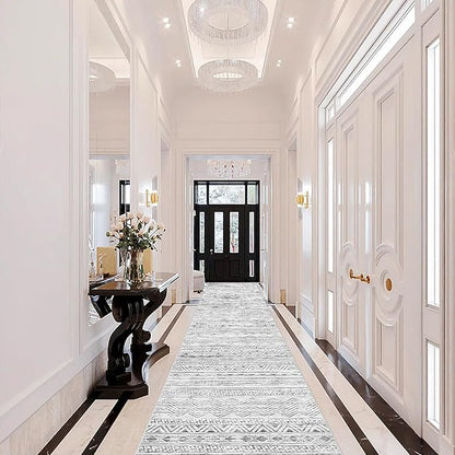 Washable Moroccan Hallway Runner Rugs - 2'6''x16' Non Slip Kitchen Rug Soft Floor Carpet Rubber Backing Vintage Long Mat with Low Pile Rugs for Living Room Entryway Farmhouse 2'6''x16' Gray