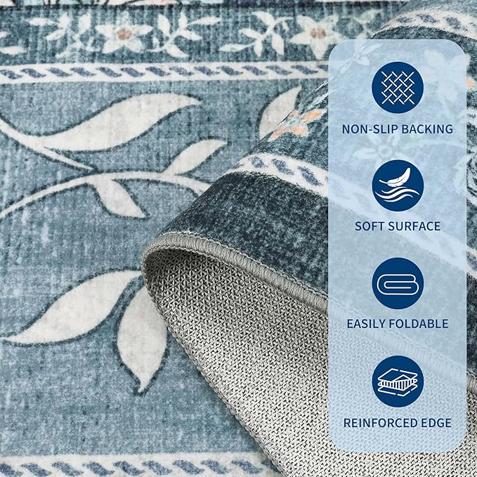 GarveeHome Provence 5x7 Area Rugs, Botanical Grove Vintage Cottagecore Non-Slip Washable Rug for Bedroom Living Room Nursery Kitchen Low-Pile Carpet Retro Blue
