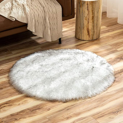 Latepis Grey and White Small Round Rug 3ft Faux Sheepskin Fur Circle Rug for Living Room Bedside Fluffy Shag Rugs Cute Room Décor
