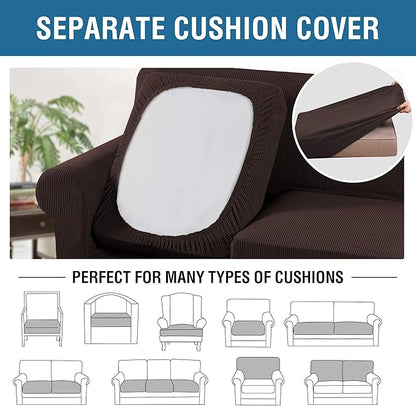 H.VERSAILTEX 3 Piece Stretch Sofa Covers for 2 Cushion Sofa Couch Covers for Living Room Sofa Slipcovers (Base Cover Plus 2 Seat Cushion Covers) Thicker Jacquard Fabric(Large Sofa, Chocolate)