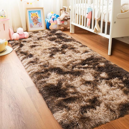 Pionblank Fluffy Runner Rugs for Bedroom 2x6, Modern Shaggy Brown Area Rug for Hallway Living Room, Plush Soft Fuzzy Bedside Carpet for Kids Girls Boys Room Nursery, Tie-Dyed Coffee