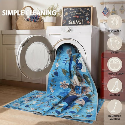 Washable Area Rug 8x10, Large Soft Rugs for Living Room Floral Blue Carpet 8x10 Area Rugs for Bedroom Dining Room Non-Slip Stain Resistant Under Table Rug (8 x 10, Blue Garden)