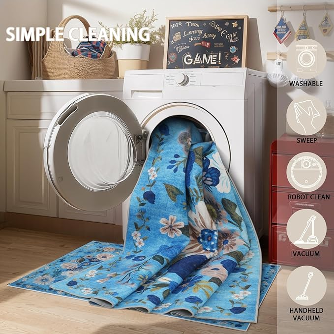 Living Room Rugs, Area Rugs 5x7 Rug for Bedroom Ultra-Thin Soft, Non-Slip Washable Rugs Stain Resistant Boho Rug Low-Pile Throw Rug for ‎Dining Room Office (5 x 7, Blue Garden)