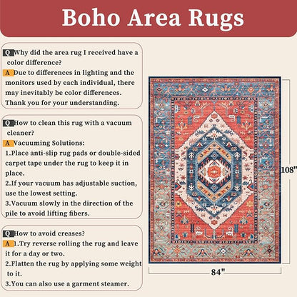SERISSA 7x9 Area Rugs for Living Room, Large Washable Non-Slip Boho Rug, Ultra Soft Vintage Rust Oriental Tribal Print Distressed Carpet for Dining Room Bedroom Dorm Office Home Decor
