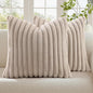 decorUhome Cozy Faux Fur Throw Pillow Covers 16x16 Set of 2 Decorative Soft Plush Striped Modern Farmhouse Boho Couch Pillow Cases with Velvet Back for Sofa Bed Living Room, Tan