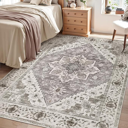SERISSA 5x7 Boho Area Rug, Washable Large Rugs for Living Room, Ultra Soft Non-Slip Bedroom Rug Print Distressed Vintage Farmhouse Carpet Earth Tone Rug for Dining Room Office Home Decor