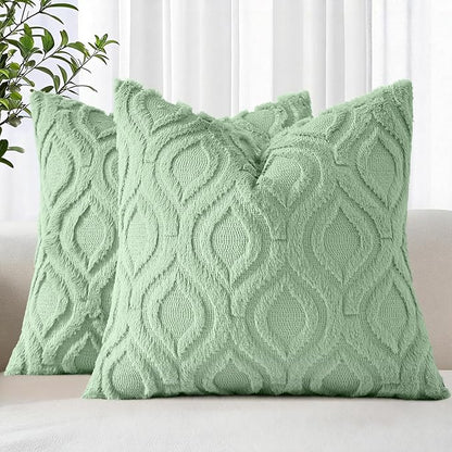 decorUhome Throw Pillow Covers 22x22 Inch Set of 2, Soft Plush Faux Wool Sage Green Solid Couch Pillow Covers, Accent Euro Sham Farmhouse Neutral Square Pillow Cases for Sofa Bed Living Room