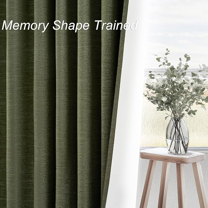 Topfinel 102 Inch Long Linen Blended Blackout Curtains 2 Panels, Back Tab Pleated Look Drapes for Track System with Hooks, Noise Reducing Country Blackout Winodw Curtains 52x102-Loden/Olive Green
