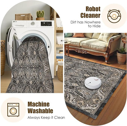 Washable Area Rug 4' x 6' Vintage Traditional Persian Mat - Foldable Distressed Non-Slip Machine Washable Carpet for Living Room Bedroom Kitchen Home Decor - Ebony and Taupe