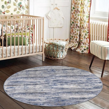KOZYFLY Modern Abstract Circle Rug 3Ft, Washable Kitchen Round Rug Non-Slip Soft Small Bathroom Rug, Grey-Blue Striped Entryway Rugs Faux Wool Doormat for Bedside Entrance Bedroom Sink