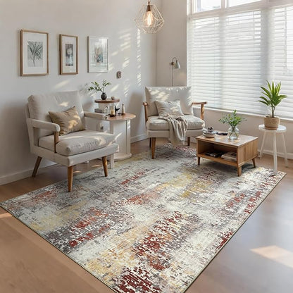 Ompaa Living Room Rug 5x8 Beige Area Rug Machine Washable Boho Rug Non Slip Abstract Vintage Indoor Large Rugs for Bedroom, Classroom, College Dorm, Farmhouse, Dining Room, Kids Playroom
