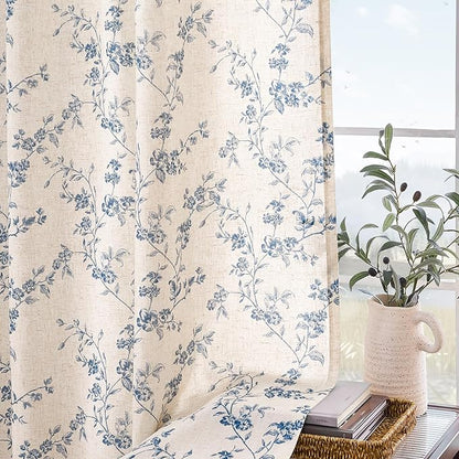 Lazzzy Blue Floral Linen Curtains 84 Inch Length Farmhouse Curtain Back Tab Drapes for Living Room Bedroom Light Filtering Vintage Rod Pocket Curtains, 2 Panels, Blue on Beige