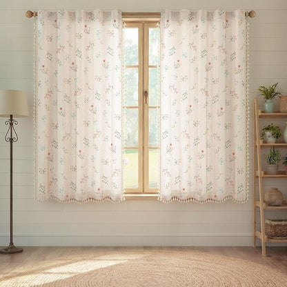 Boho Floral Spring Light Filtering Curtains 63 Inch Length 2 Panels Set, Farmhouse Semi Sheer Bedroom Living Room Vintage