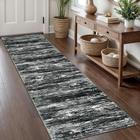 KOZYFLY Modern Abstract Hallway Runner Rug, 2x8 Kitchen Rugs Non-Slip Washable Soft Striped Runner Rugs, Print Black Grey Carpet Runner for Entryway Bathroom Laundry Room Foyer