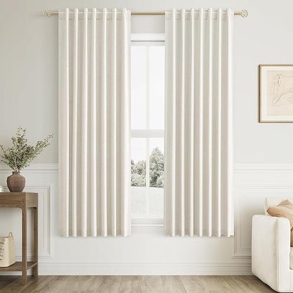 Cream 100% Blackout Linen Curtains 63 Inch Length 2 Panels Set for Living Room Bedroom Back Tab Thermal Insulated Black Out Drapes Room Darkening Farmhouse Style for Bedroom Window Curtains 52x63