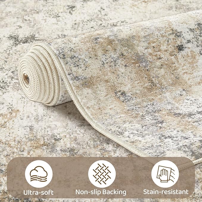 UERMEI 8x10 Area Rug Living Room Rugs - Washable Neutral Modern Abstract Soft Thin Large Rug Indoor Floor No Slip Rug Carpet for Bedroom Under Dining Table Home Office Decor - Golden Grey