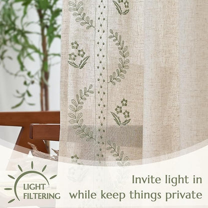 jinchan Belrose Linen Curtains for Bedroom Floral Curtains 108 Inch Length Linen Blend Sage Green Embroidered Drapes Farmhouse Flower Patterned Drapes for Living Room Window Treatments Set 2 Panels